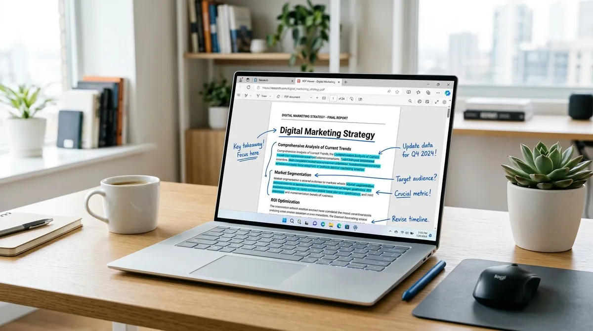 Windows laptop displaying a PDF in a browser with blue digital ink and highlighted paragraphs