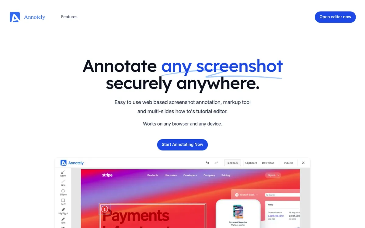 Annotely homepage, a free browser based screenshot annotation and multi slide tutorial editor