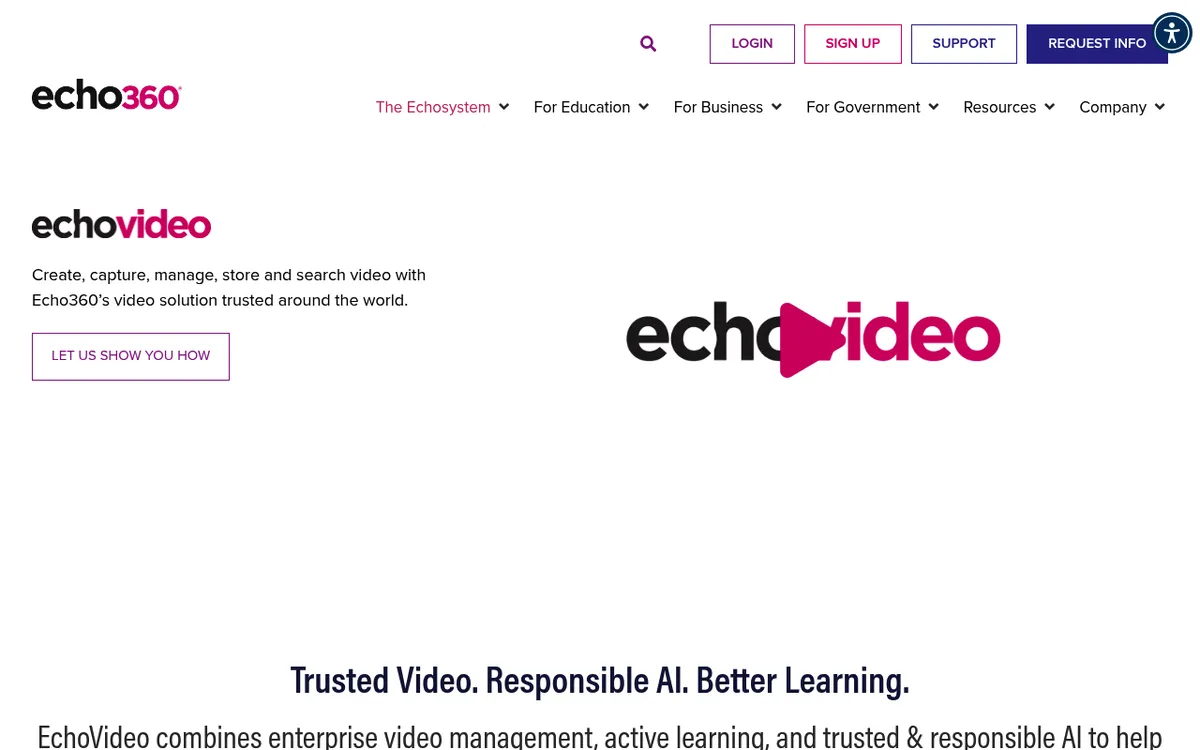 Produktseite von Echo360 EchoVideo, einer Plattform für Vorlesungsaufzeichnung und Videoverwaltung in der Bildung