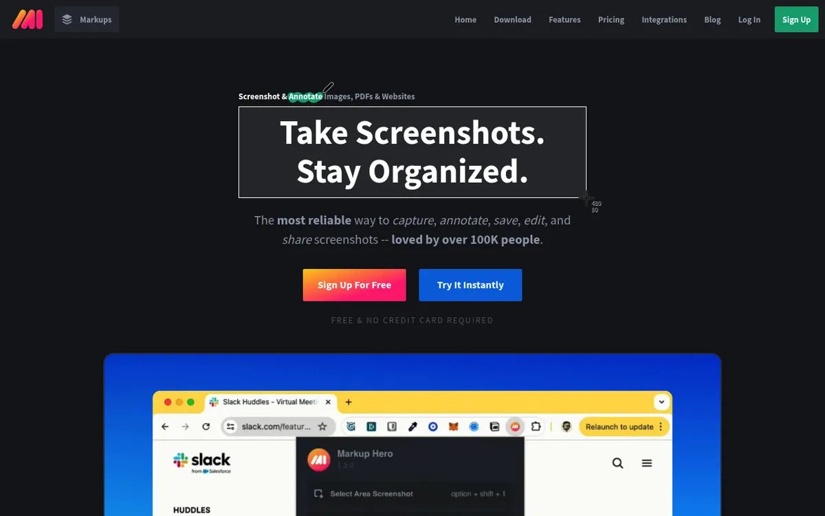 Markup Hero homepage, a screenshot and annotation tool for images, PDFs and websites