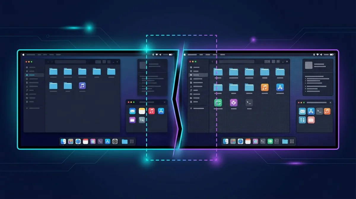 Wide stitched screenshot of two desktops merged at a seam, with a dashed selection crossing both displays
