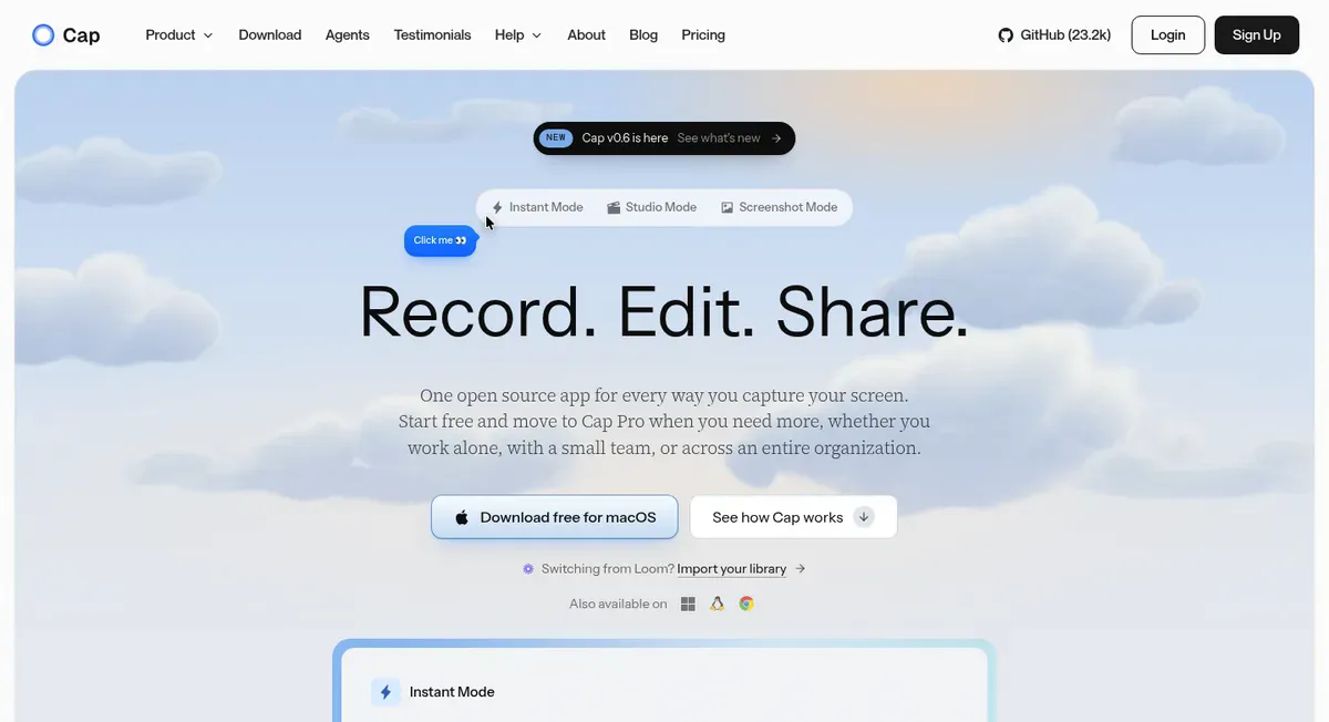 Cap homepage, an open source screen recorder with Instant, Studio and Screenshot modes