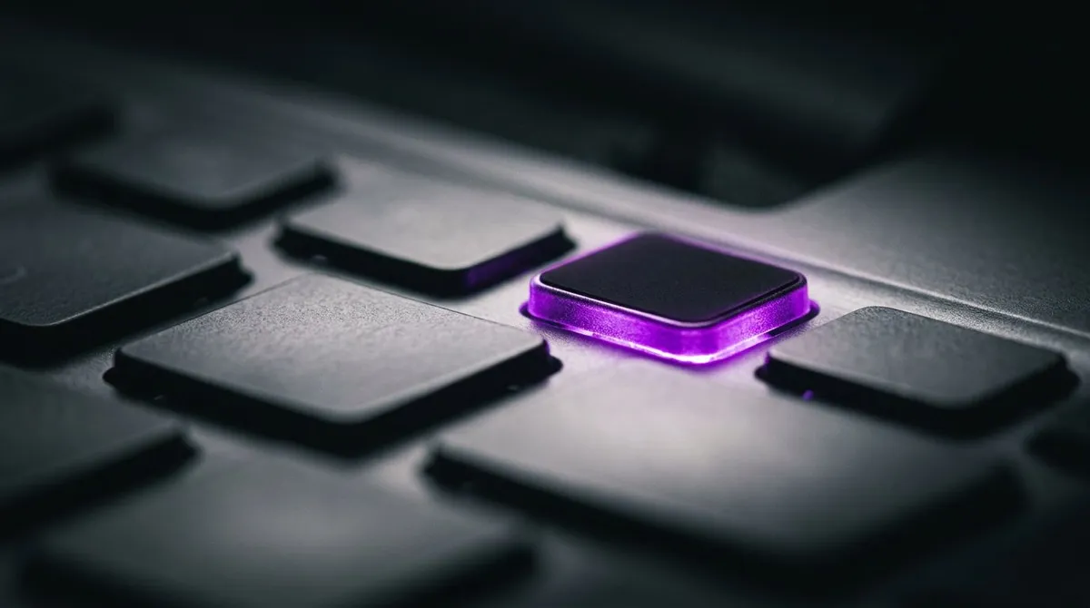 Close up of a slim laptop keyboard function key row with one key lit up