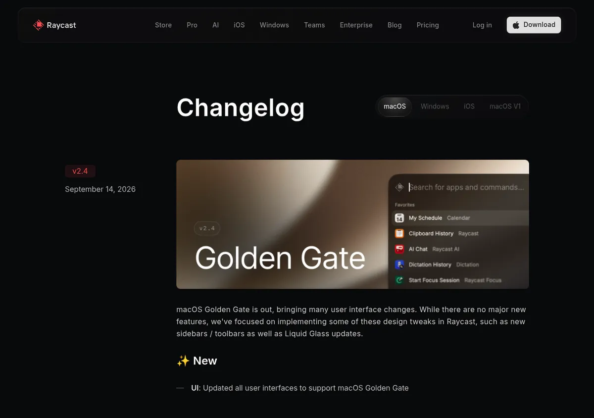 Raycast Changelog mit Tabs für macOS, Windows und iOS und Version v2.4 vom 14. September 2026 mit Titelbild
