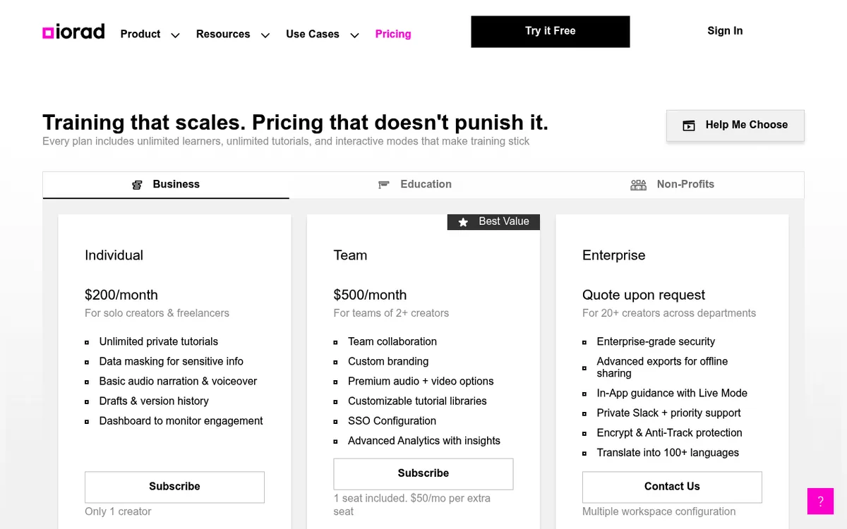 iorad pricing page showing Individual, Team and Enterprise plans with per creator seat pricing