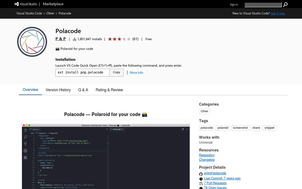 Polacode listing on the Visual Studio Marketplace with its logo, install count and a VS Code demo screenshot