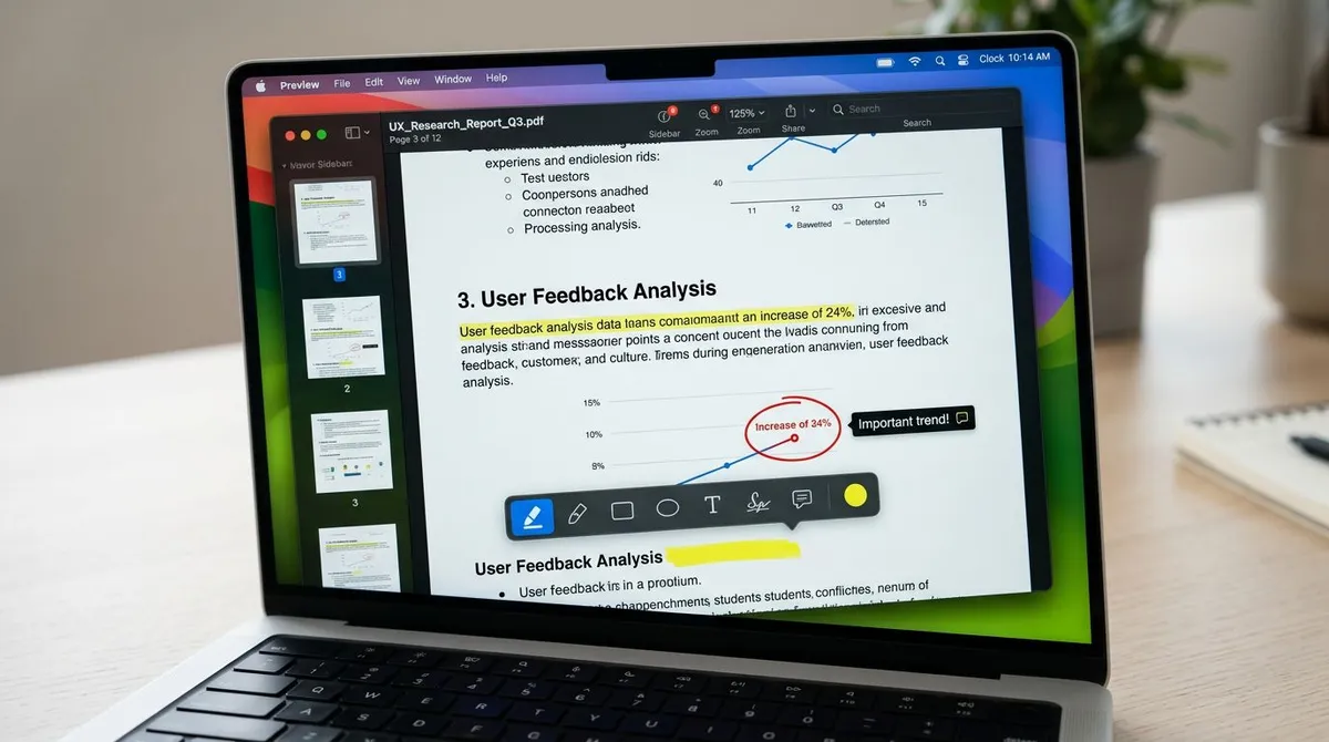MacBook screen showing a PDF with a floating markup toolbar of highlighter, shape and text tools