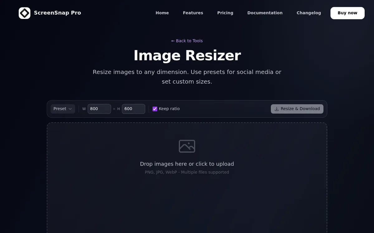The ScreenSnap Pro free image resizer tool running in a browser