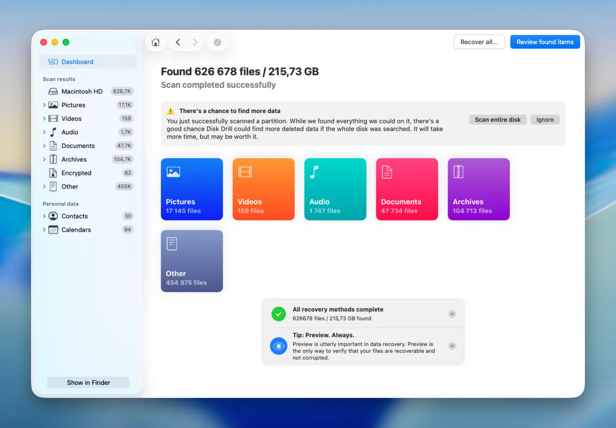 Disk Drill scan results on macOS showing found files grouped by category