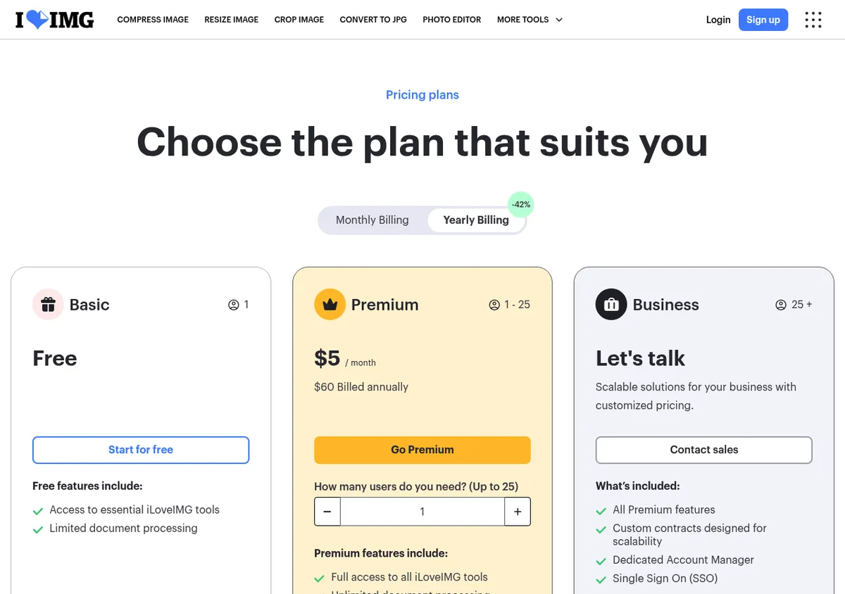 iLoveIMG pricing page showing the Basic, Premium, and Business plans