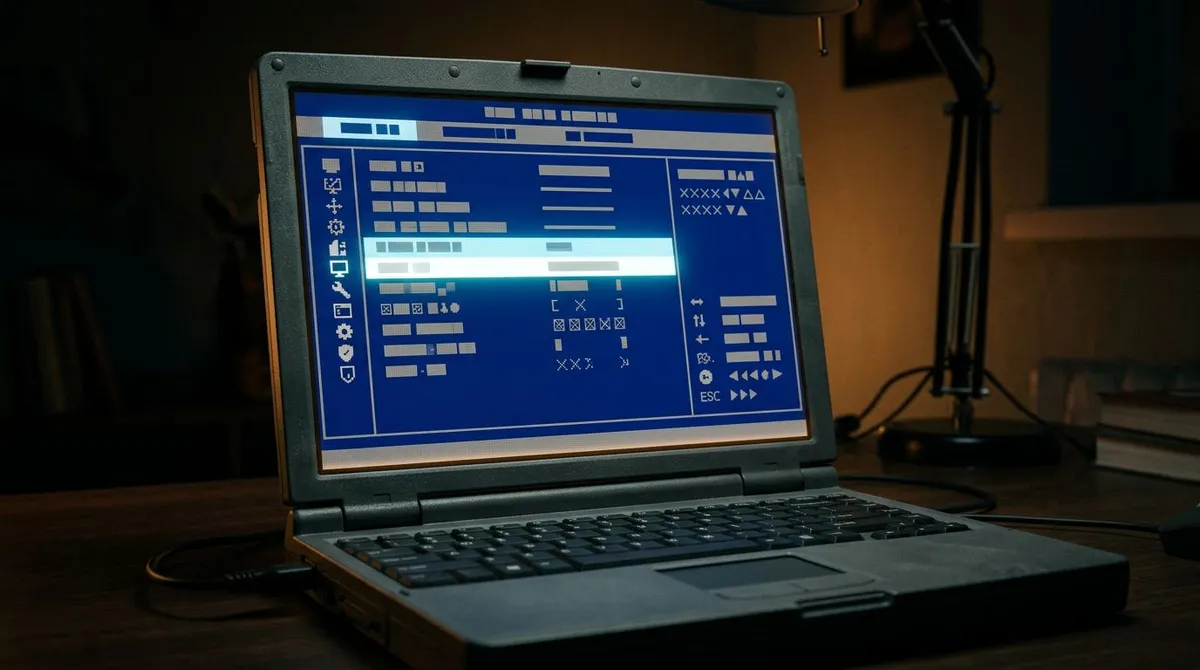 Laptop showing a blue firmware setup screen with a highlighted menu row