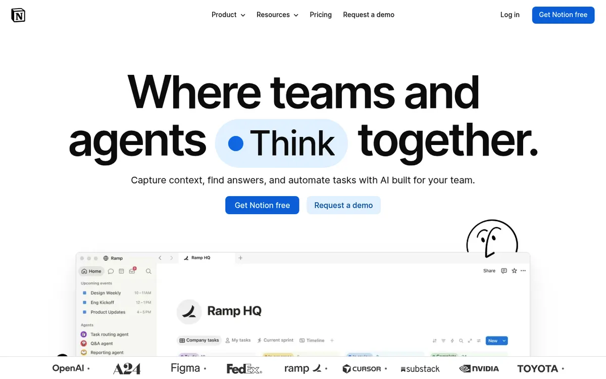 Notion homepage, an all in one workspace for docs and wikis that can hold your process documentation as a Tango alternative