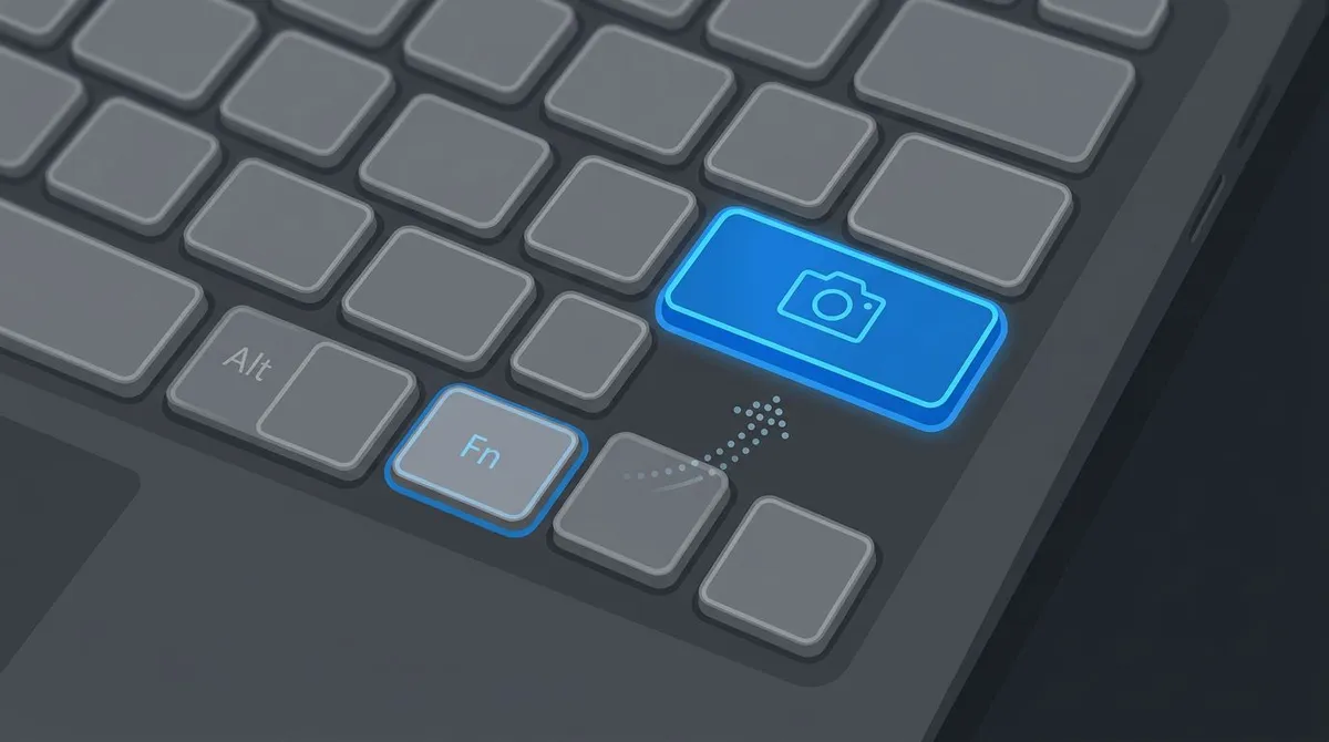 Laptop keyboard highlighting the Fn key and Print Screen key combination