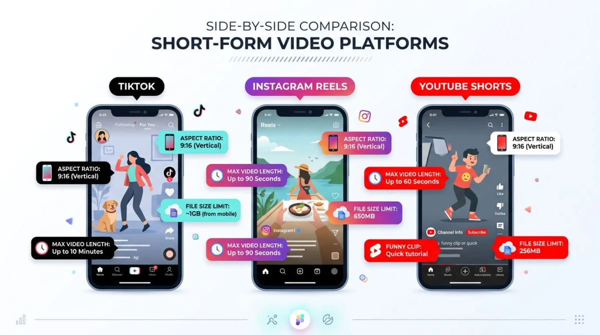Three vertical phones comparing TikTok, Instagram Reels, and YouTube Shorts specs side by side