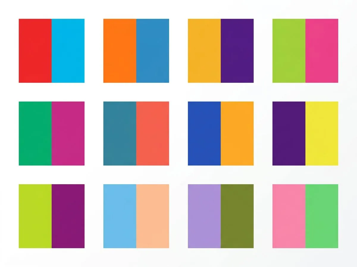 Twelve complementary color pair swatches in a clean grid showing pure and muted versions