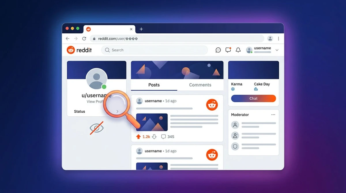 Reddit profile screenshot privacy — magnifying glass over a profile, no view tracking