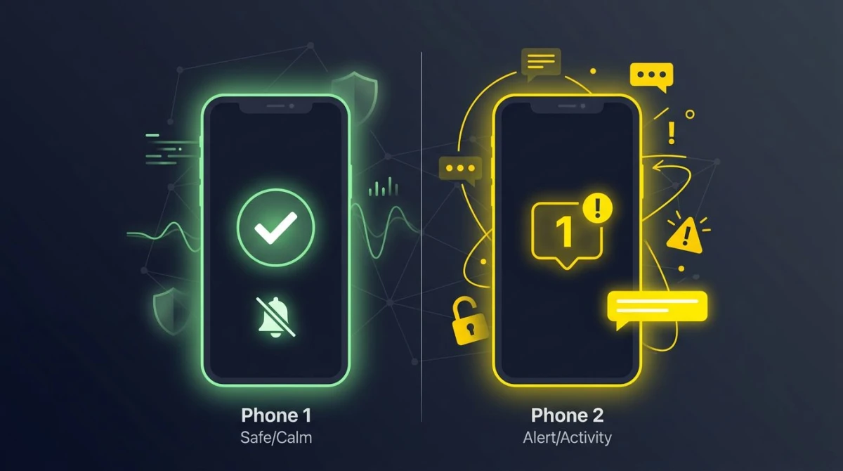 Comparison of a calm, silent phone versus an alert-heavy phone showing screenshot notification differences