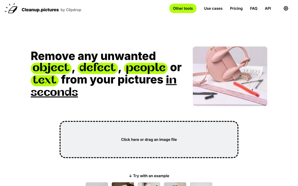 Cleanup.pictures homepage — brush-based AI tool to remove watermarks and unwanted objects