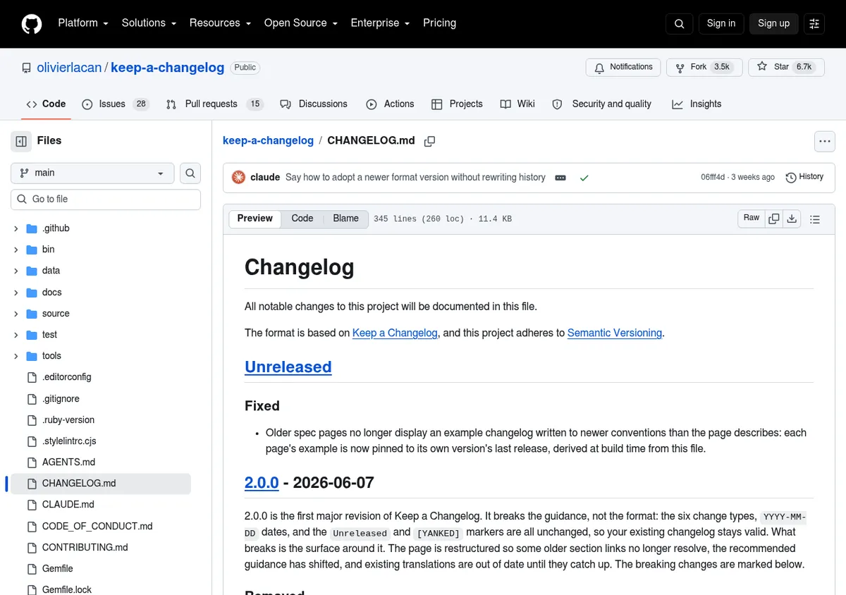 CHANGELOG.md von Keep a Changelog auf GitHub mit dem Abschnitt Unreleased und Version 2.0.0 vom 2026-06-07