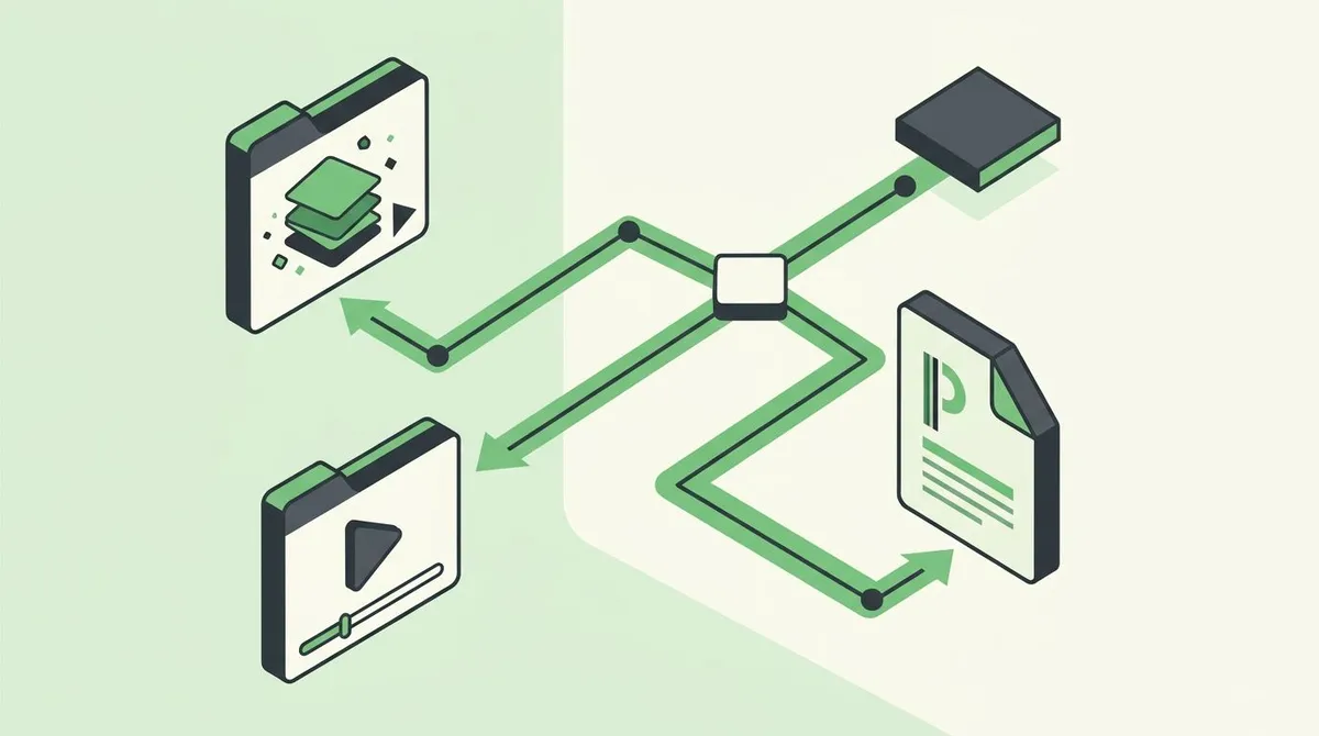 A decision flow branching toward a video, a PDF and an animated GIF
