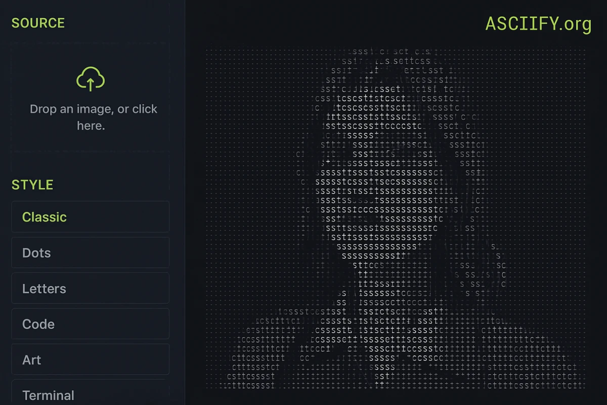 ASCIIFY editor interface showing image upload, style options, and ASCII character output