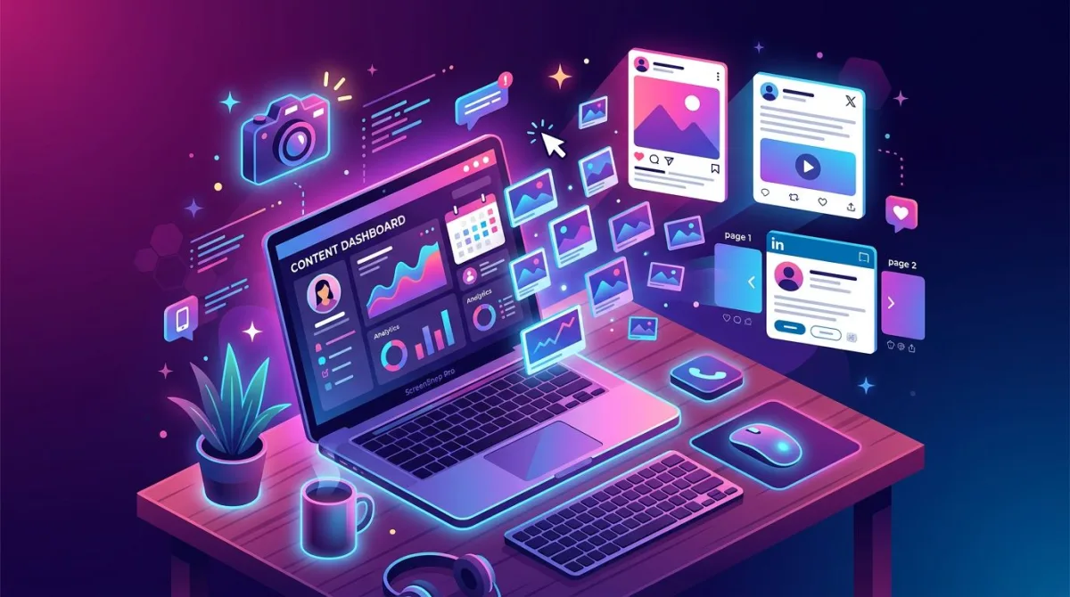 Isometric illustration of marketing screenshots for social media being reused across Reels covers, X posts, and LinkedIn carousels