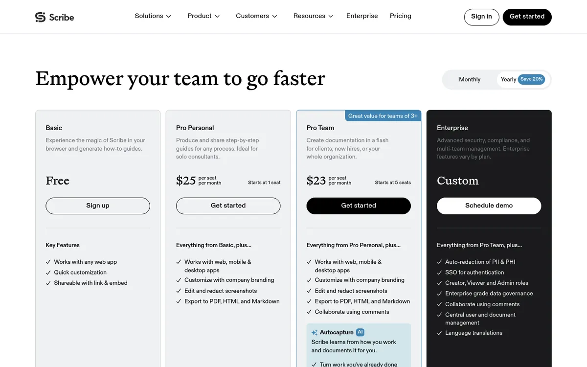 Scribe pricing page on yearly billing: Basic free, Pro Personal $25 and Pro Team $23 per seat per month from 5 seats