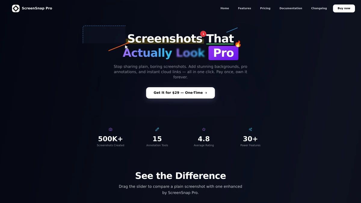 ScreenSnap Pro homepage showing Mac screenshot and GIF recording app