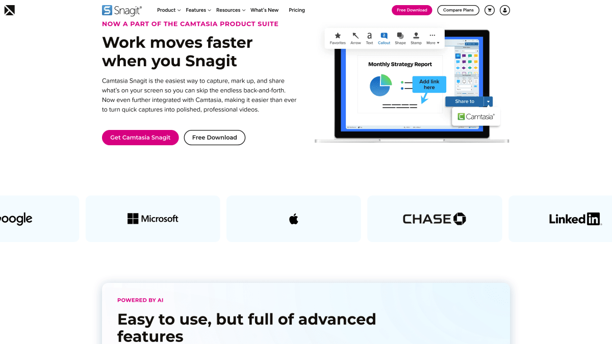 Snagit by TechSmith homepage showing screen capture features