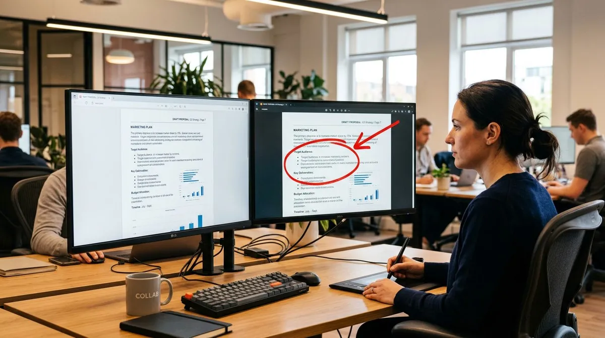 Two monitors, one showing a document page and the other the same page as an image with a red arrow and circled section