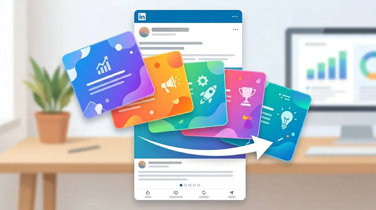 Document carousel LinkedIn post showing slide stack with swipe gesture