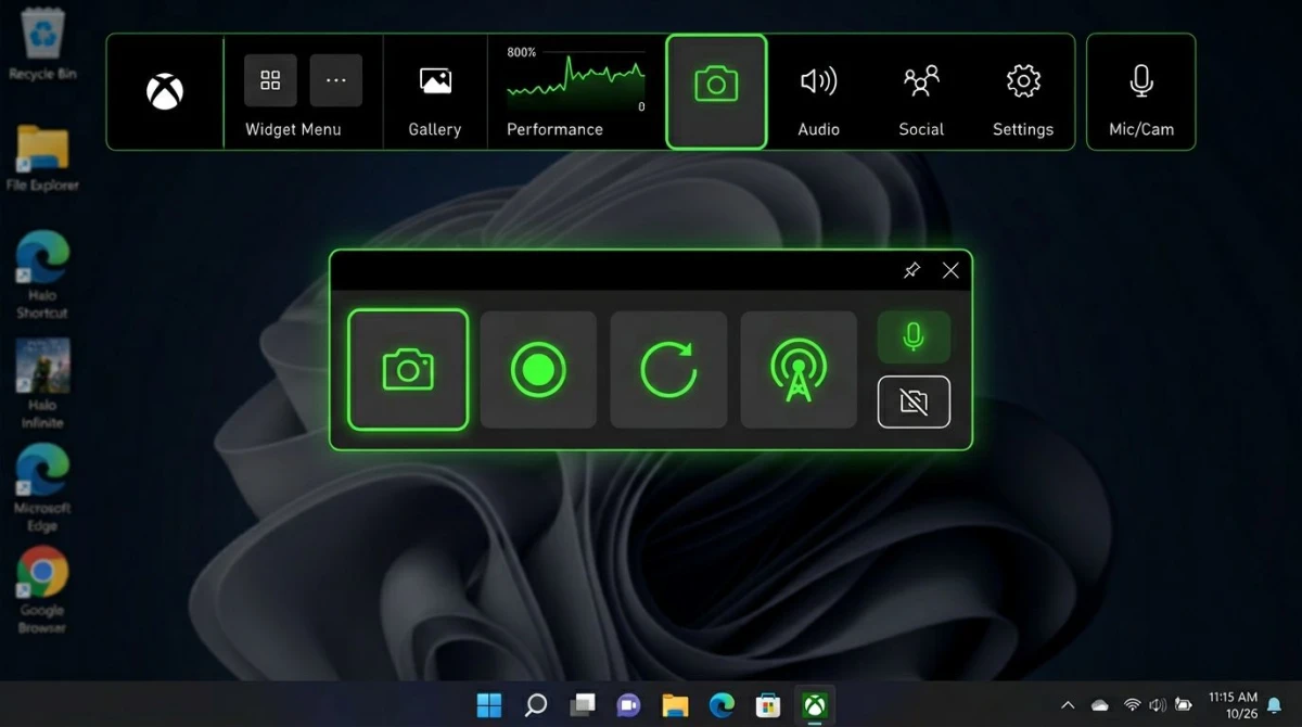 Xbox Game Bar capture widget for taking gaming screenshots on Windows