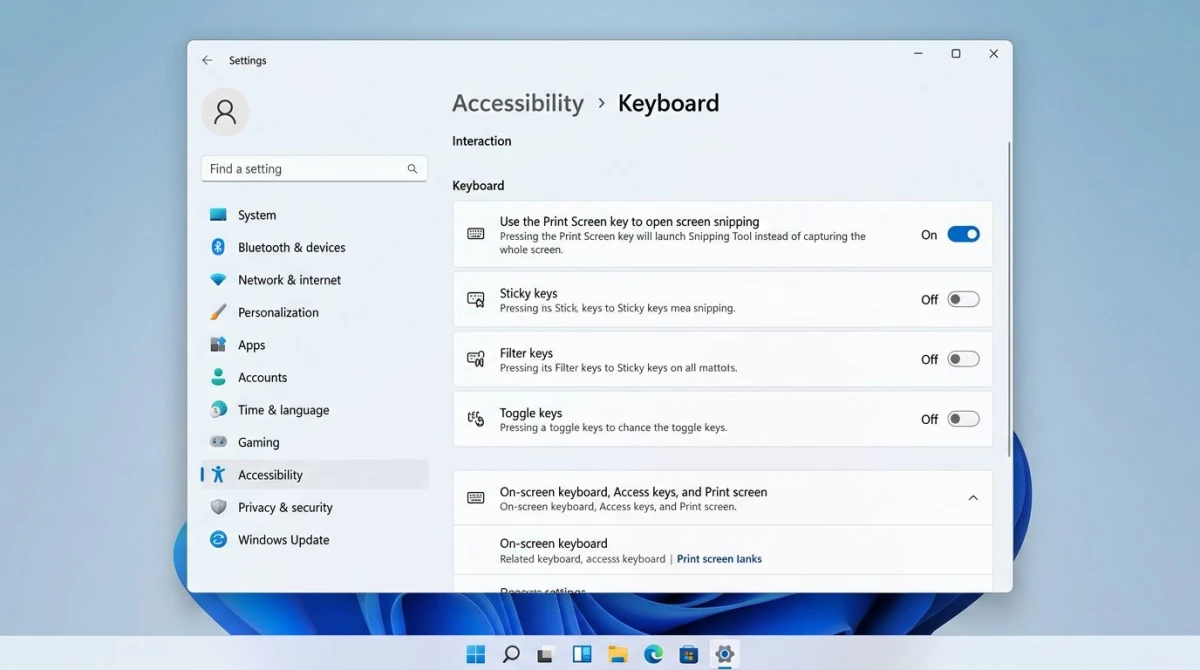 Windows 11 Einstellungen Barrierefreiheit Tastatur mit Print-Screen-Schalter