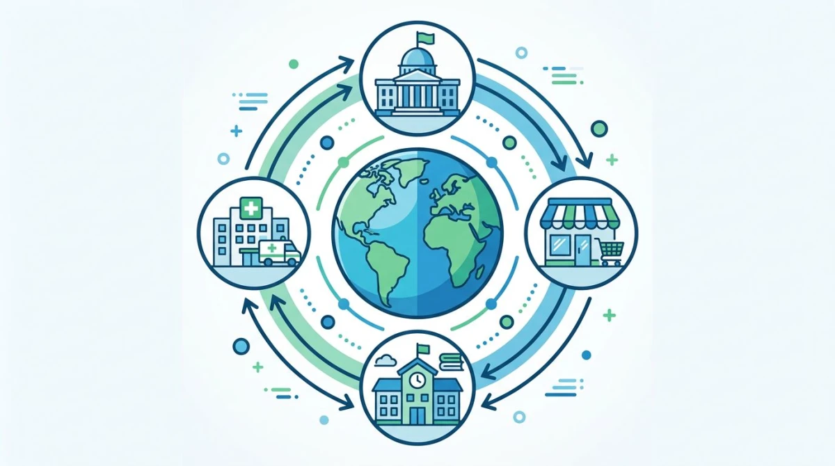 Government, retail, school, and healthcare icons orbiting a globe, showing the wide reach of WCAG accessibility rules