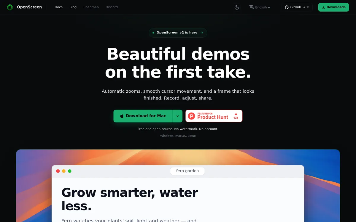 OpenScreen homepage, a free open source screen recorder with automatic zoom for Mac, Windows and Linux