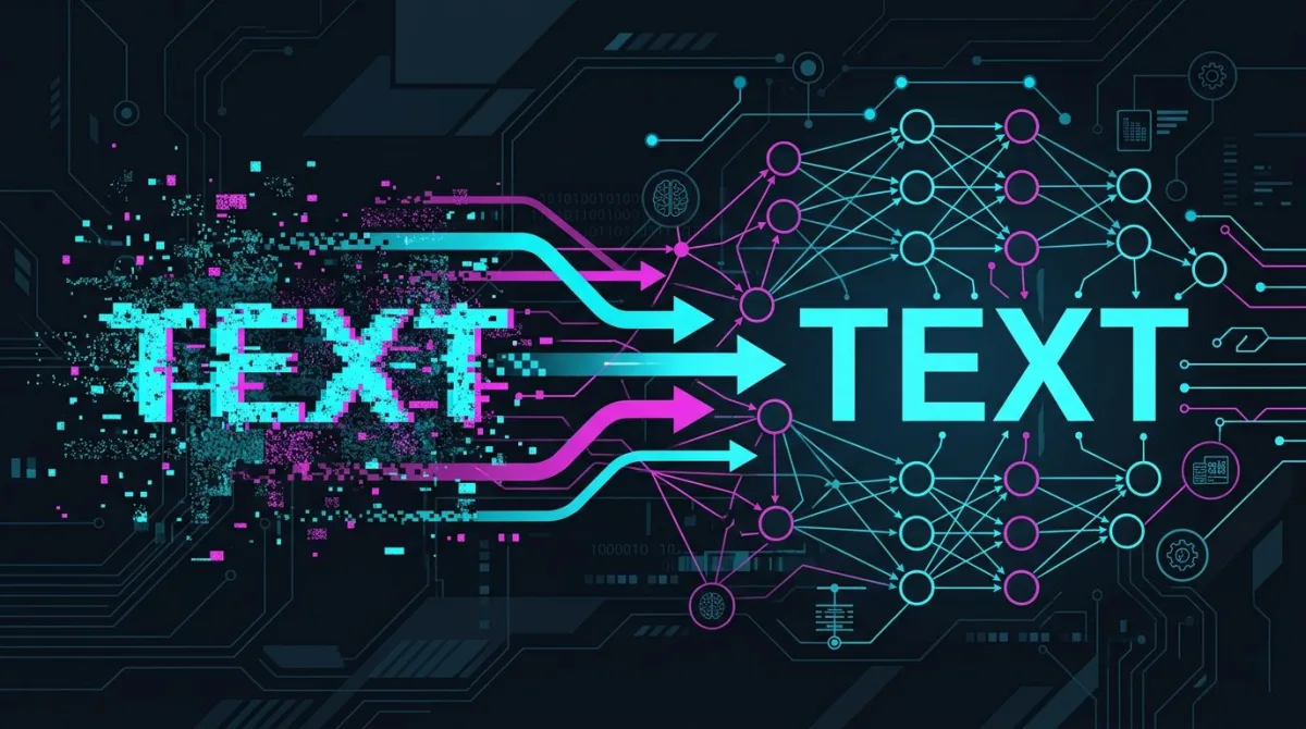 Illustration, wie pixelierter Text durch ein KI-Tool wieder in lesbare Buchstaben verwandelt wird