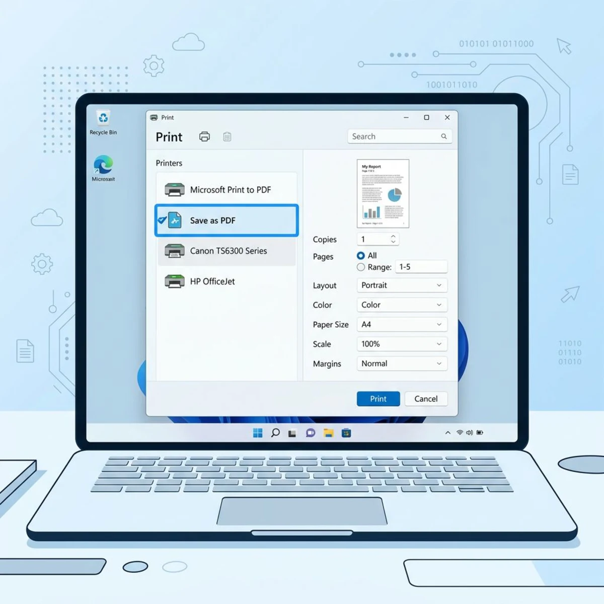 Windows Print dialog with Save as PDF option highlighted
