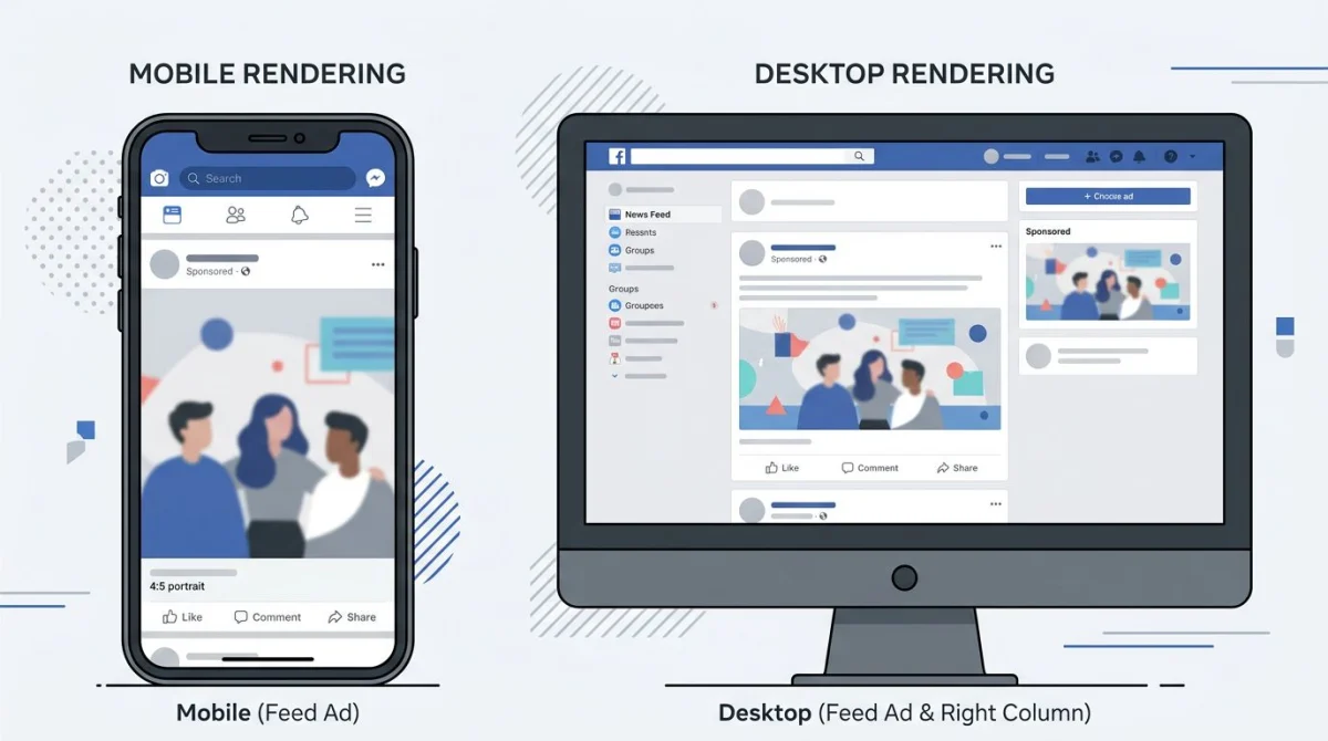 Mobile vs desktop showing Facebook ad rendering across both