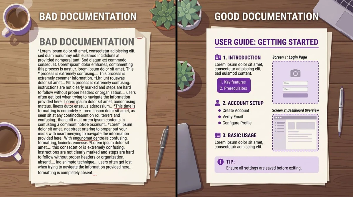Side-by-side comparison of bad versus good process documentation