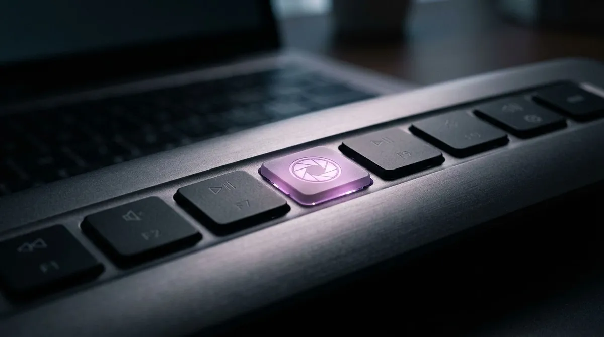 Makroaufnahme der Funktionstastenreihe eines Laptops mit hervorgehobener Aufnahmetaste