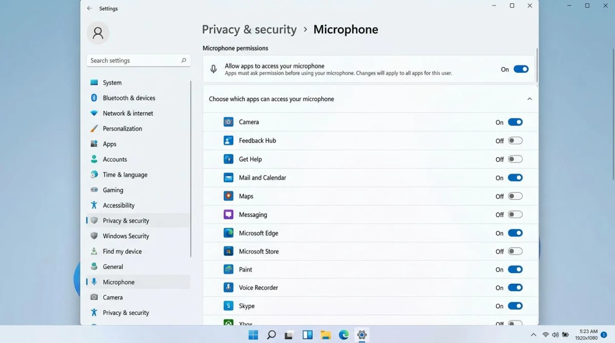 Windows 11 Privacy settings showing microphone app permissions