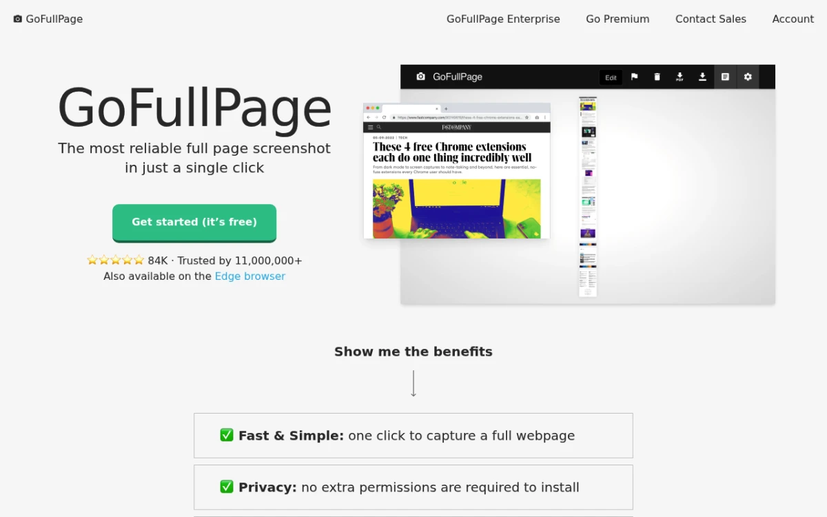 GoFullPage browser extension homepage for full-page scrolling screenshots