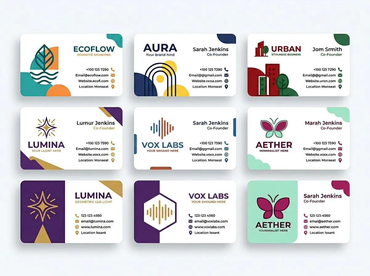 Grid of brand mock-ups showing complementary color combinations in real-world use