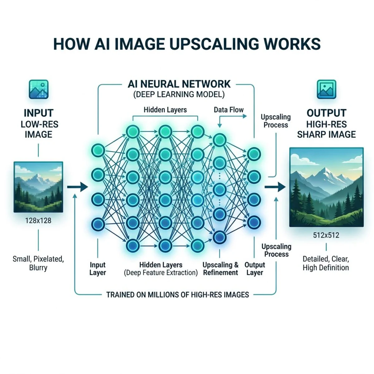 How AI upscaling works: neural networks predict missing detail to create a sharp high-resolution output
