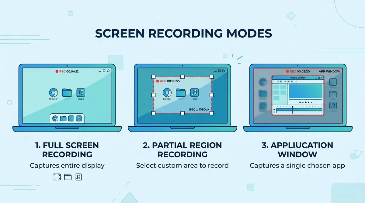 Three Chromebook screen recording modes: full screen, partial region selection, and single window