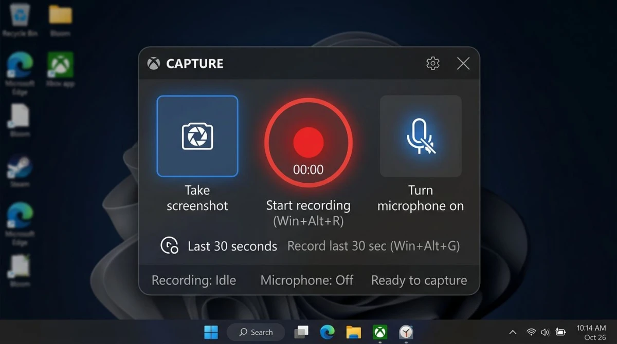 Xbox Game Bar Capture widget showing record, screenshot, and microphone buttons