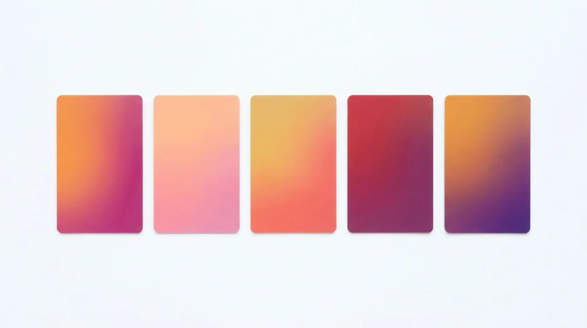 Five sunset-inspired gradient swatches in oranges, pinks, and plums