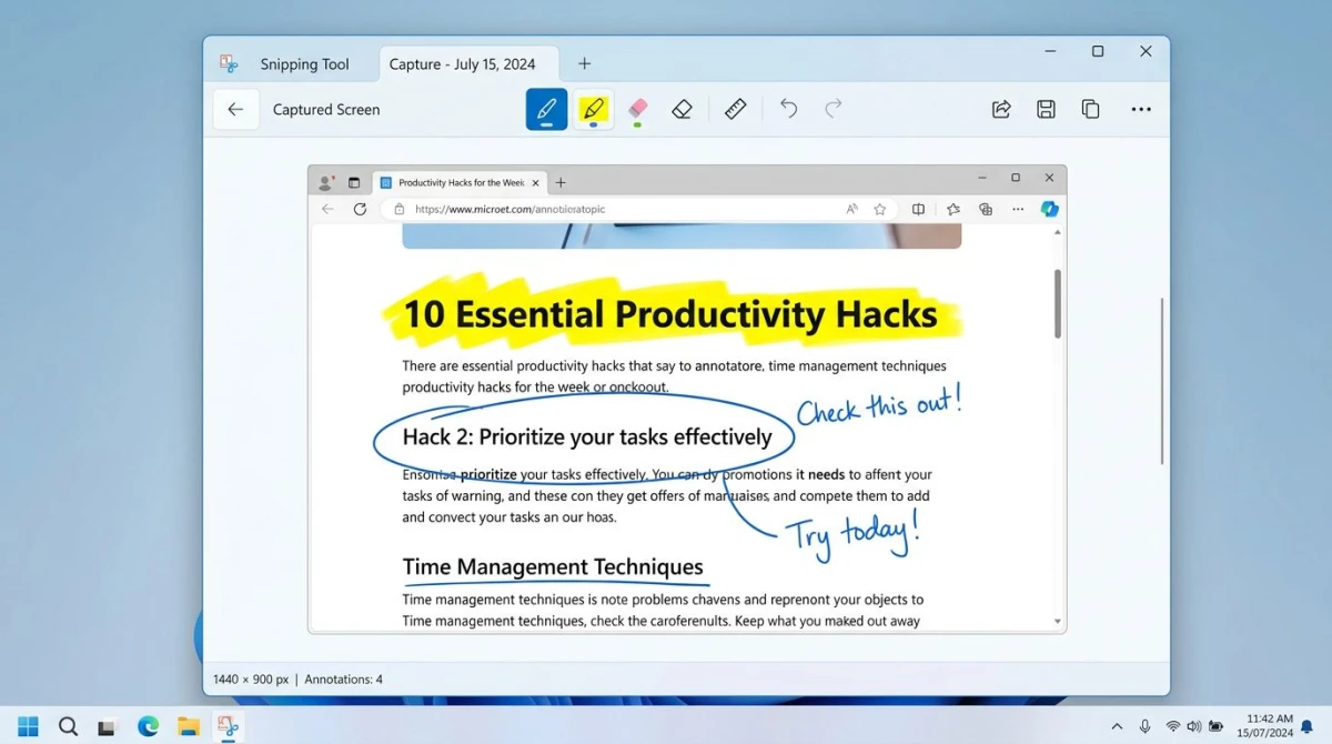Windows Snipping Tool editor with pen and highlighter annotation tools