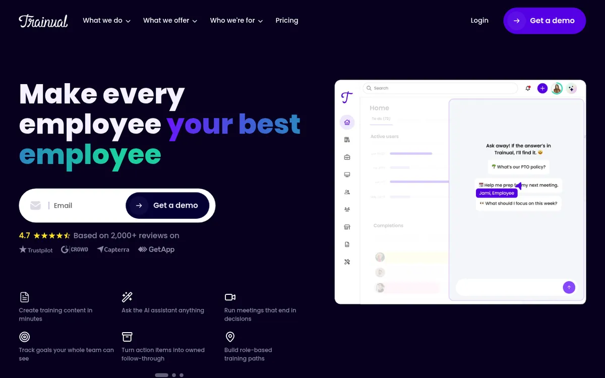 Trainual homepage, a training, SOP and onboarding platform with an AI assistant