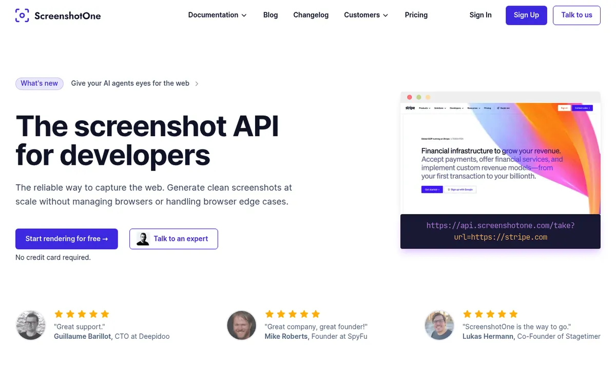 ScreenshotOne homepage, a screenshot API for developers that renders websites with one GET request, captured live with the ScreenshotOne API